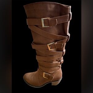 Brown Strappy Knee-High Boots
